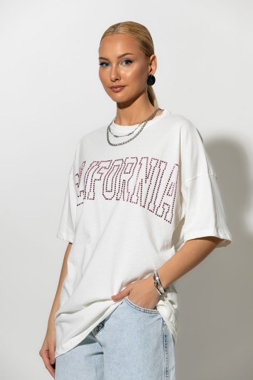 Oversized t-shirt με strass california ροζ