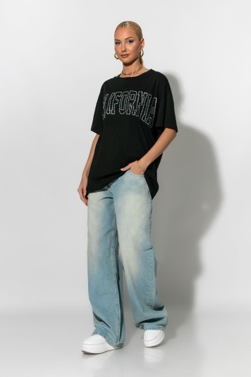 Oversized t-shirt με strass california ροζ