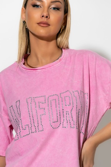 Oversized t-shirt με strass california ροζ