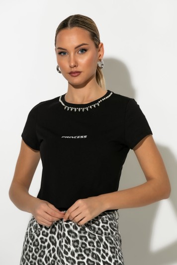 T-shirt με στρας στην λαιμόκοψη και στάμπα princess λευκό
