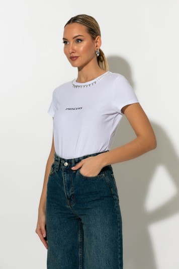 T-shirt με στρας στην λαιμόκοψη και στάμπα princess λευκό