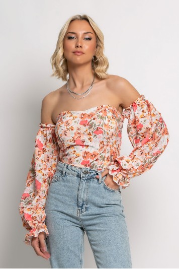 Μπλούζα floral με έξω τους ώμους μπεζ