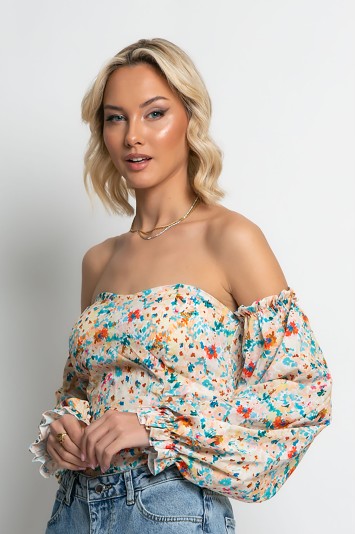 Μπλούζα floral με έξω τους ώμους μπεζ