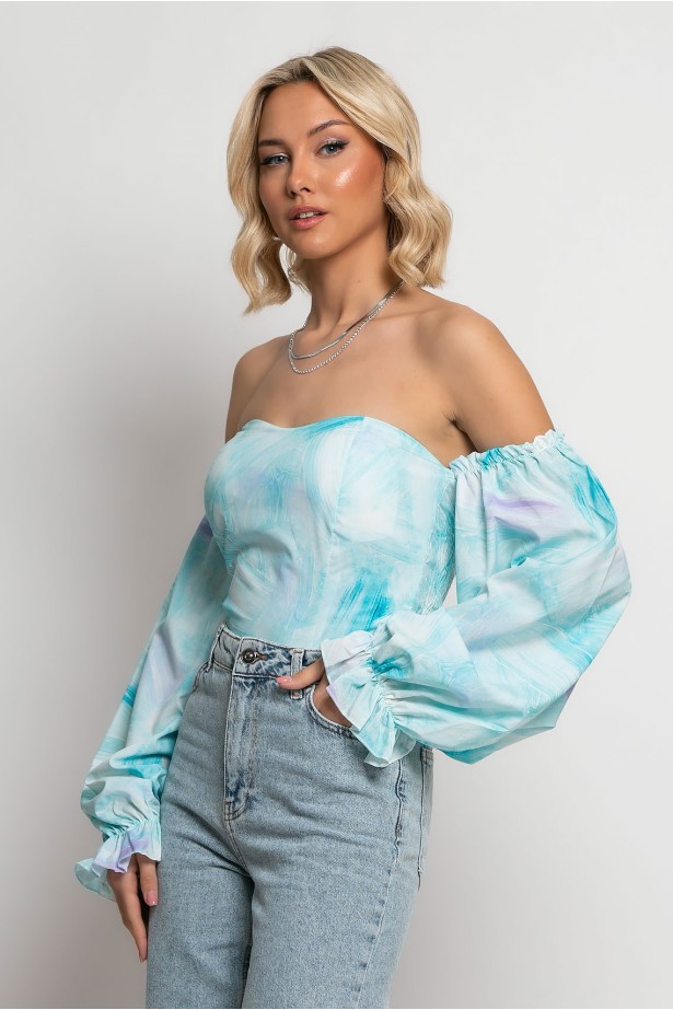 Μπλούζα tie dye με έξω τους ώμους σιελ Μπλούζα tie dye με έξω τους ώμους σιελ