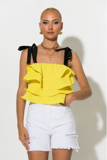 Crop top με βολάν και τιράντα κορδέλα λευκό