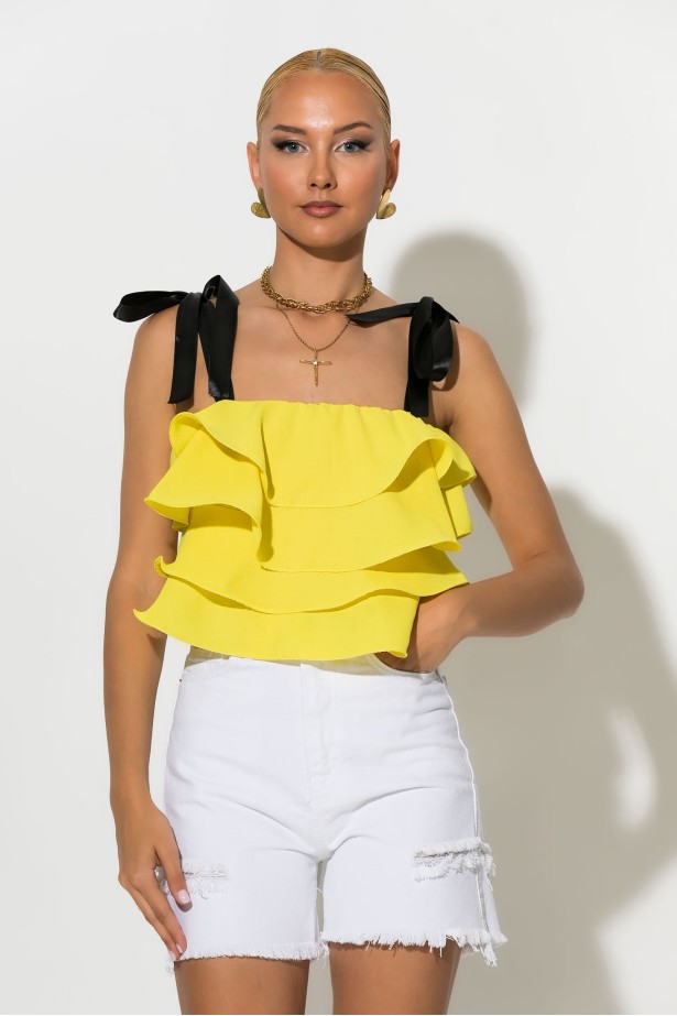 Crop top με βολάν και τιράντα κορδέλα κίτρινο