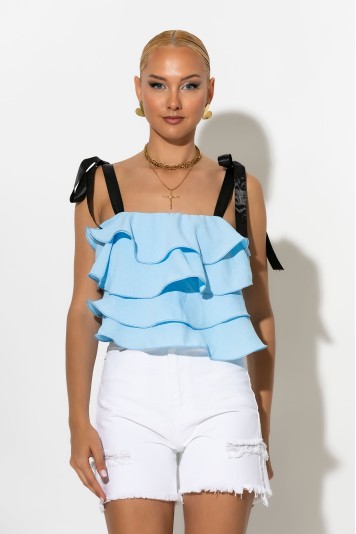 Crop top με βολάν και τιράντα κορδέλα λευκό