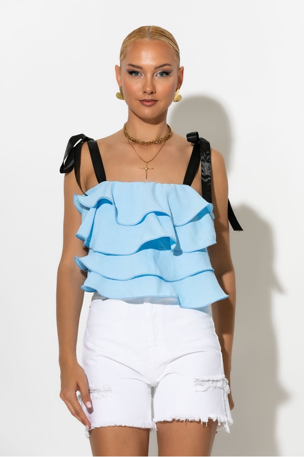 Crop top με βολάν και τιράντα κορδέλα σιέλ