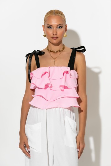 Crop top με βολάν και τιράντα κορδέλα λευκό