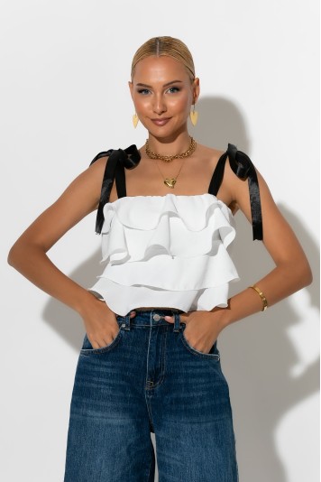 Crop top με βολάν και τιράντα κορδέλα λευκό