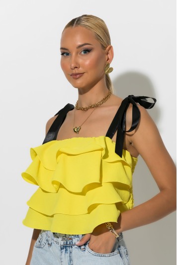 Crop top με βολάν και τιράντα κορδέλα μαύρο