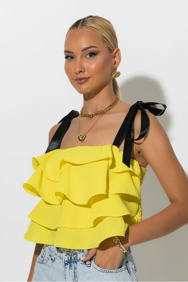 Crop top με βολάν και τιράντα κορδέλα κίτρινο
