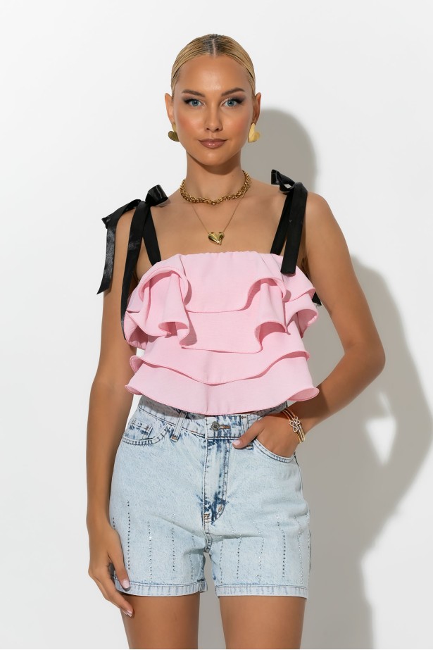 Crop top με βολάν και τιράντα κορδέλα ροζ