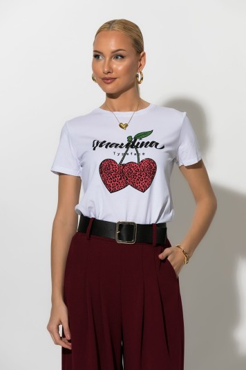 T-shirt με στάμπα και στρας λεοπαρ cherry's λευκό-μπορντό