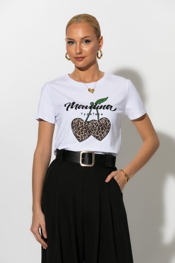 T-shirt με στάμπα και στρας λεοπαρ cherry's λευκό-μπορντό