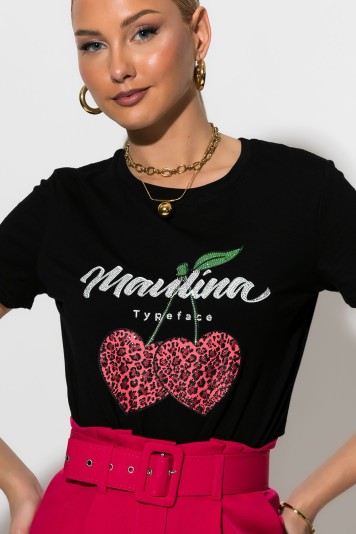 T-shirt με στάμπα και στρας λεοπαρ cherry's λευκό-μπορντό