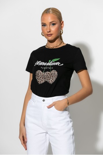 T-shirt με στάμπα και στρας λεοπαρ cherry's λευκό-μπορντό