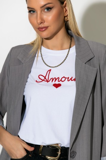 T-shirt με patch amour λευκό-κόκκινο