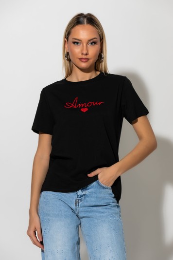 T-shirt με patch amour μαύρο-κόκκινο