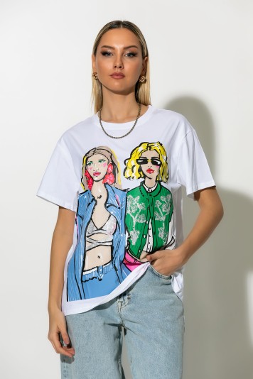 T-shirt με print two girls λευκό