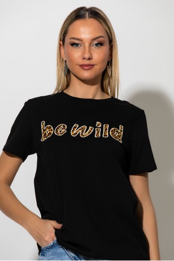 T-shirt με patch leopard be wild μαύρο