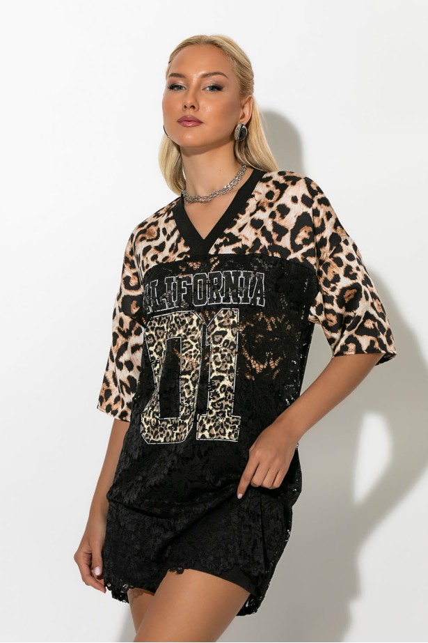 Μπλούζα δαντέλα με στάμπα california leopard print μπεζ Μπλούζα δαντέλα με στάμπα california leopard print μπεζ