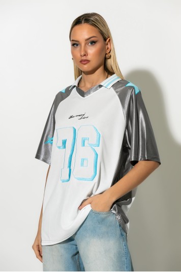 Sporty μπλουζα με γιακά και στάμπα 76 λευκό