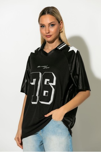 Sporty μπλουζα με γιακά και στάμπα 76 μαύρο
