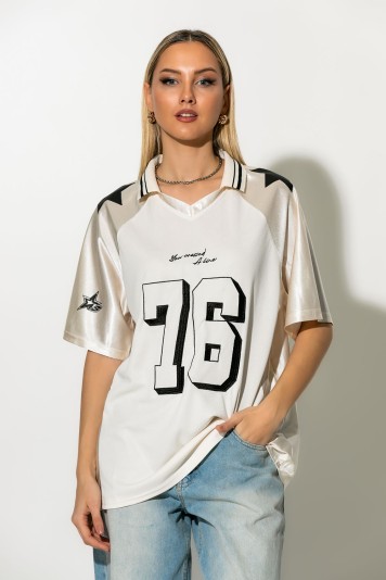 Sporty μπλουζα με γιακά και στάμπα 76 λευκό