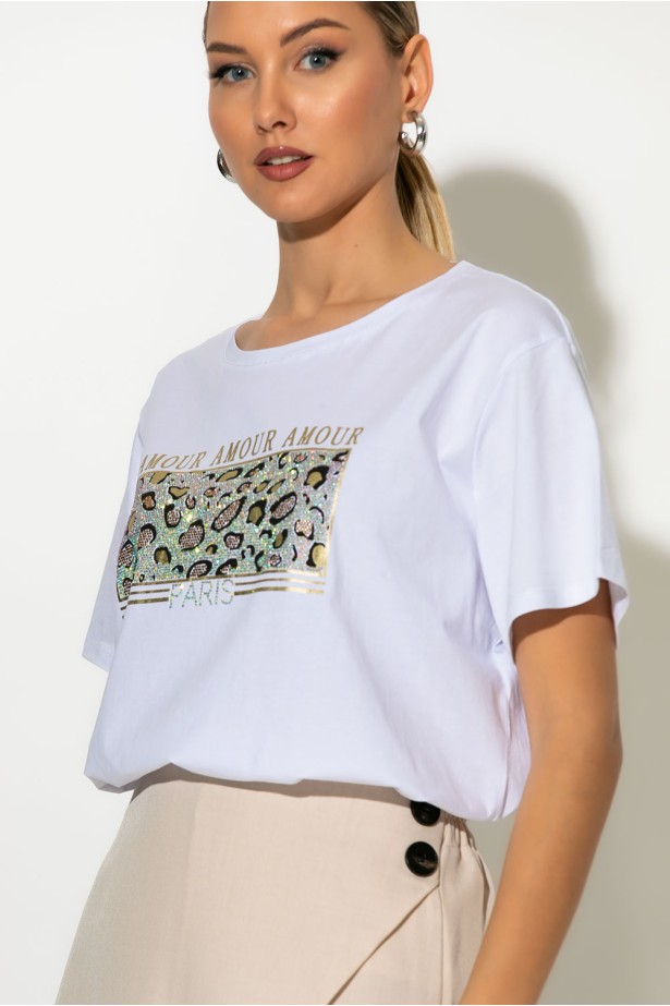 T-shirt με στάμπα λεοπάρ amour λευκό T-shirt με στάμπα λεοπάρ amour λευκό