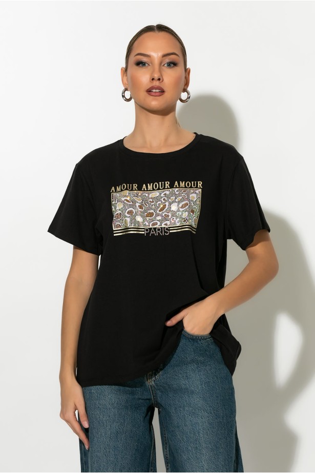 T-shirt με στάμπα λεοπάρ amour μαύρο T-shirt με στάμπα λεοπάρ amour μαύρο