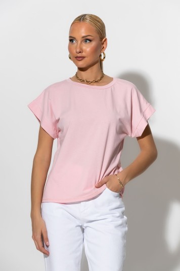 T-shirt basic με φαρδύ μανίκι ροζ