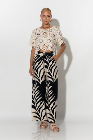 Παντελόνα με tropical print και κορδονι στην μέση μπλε