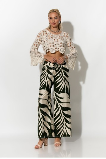 Παντελόνα με tropical print και κορδονι στην μέση χακί