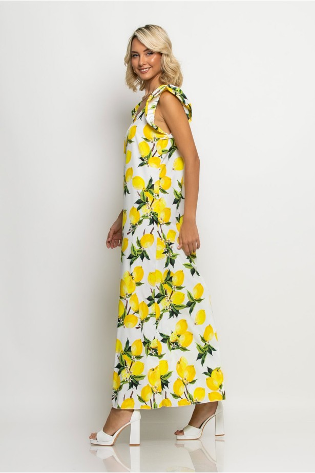 Ολόσωμη φόρμα με βολάν στα μανίκια lemon print λευκό Ολόσωμη φόρμα με βολάν στα μανίκια lemon print λευκό