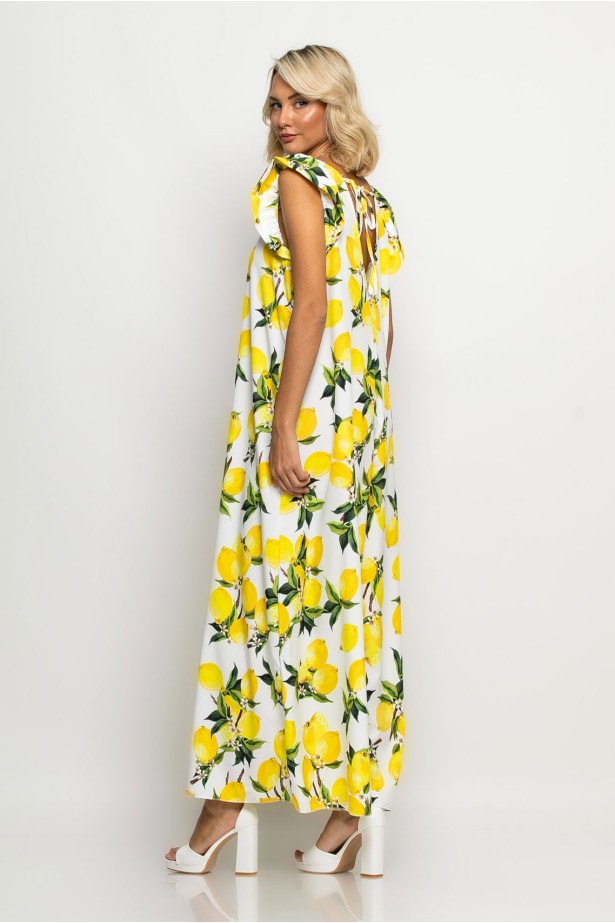 Ολόσωμη φόρμα με βολάν στα μανίκια lemon print λευκό Ολόσωμη φόρμα με βολάν στα μανίκια lemon print λευκό
