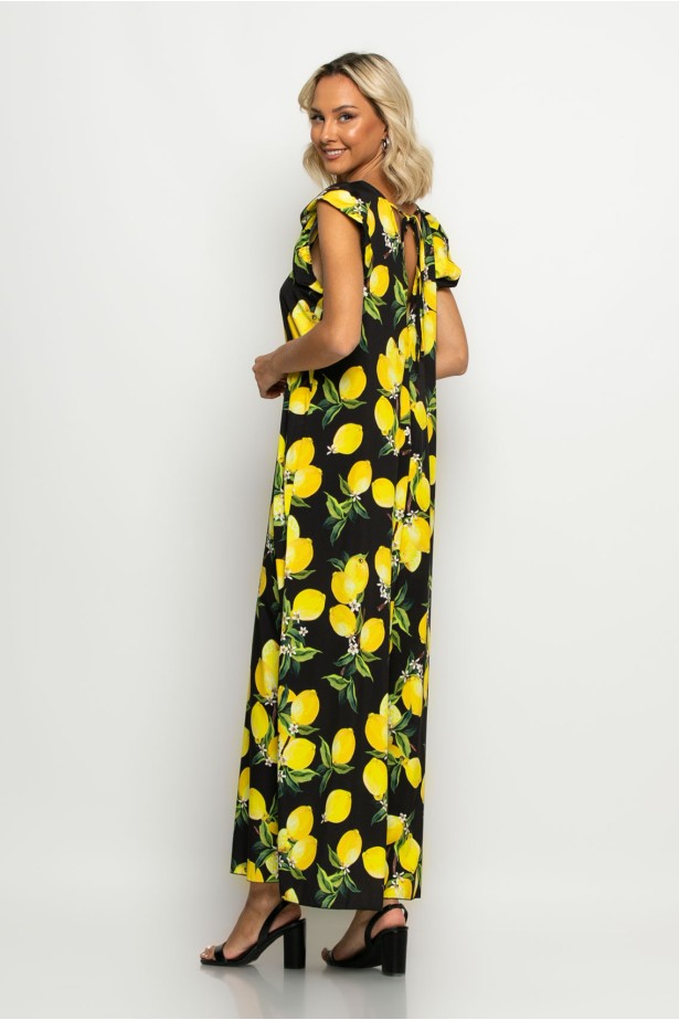 Ολόσωμη φόρμα με βολάν στα μανίκια lemon print μαύρο Ολόσωμη φόρμα με βολάν στα μανίκια lemon print μαύρο