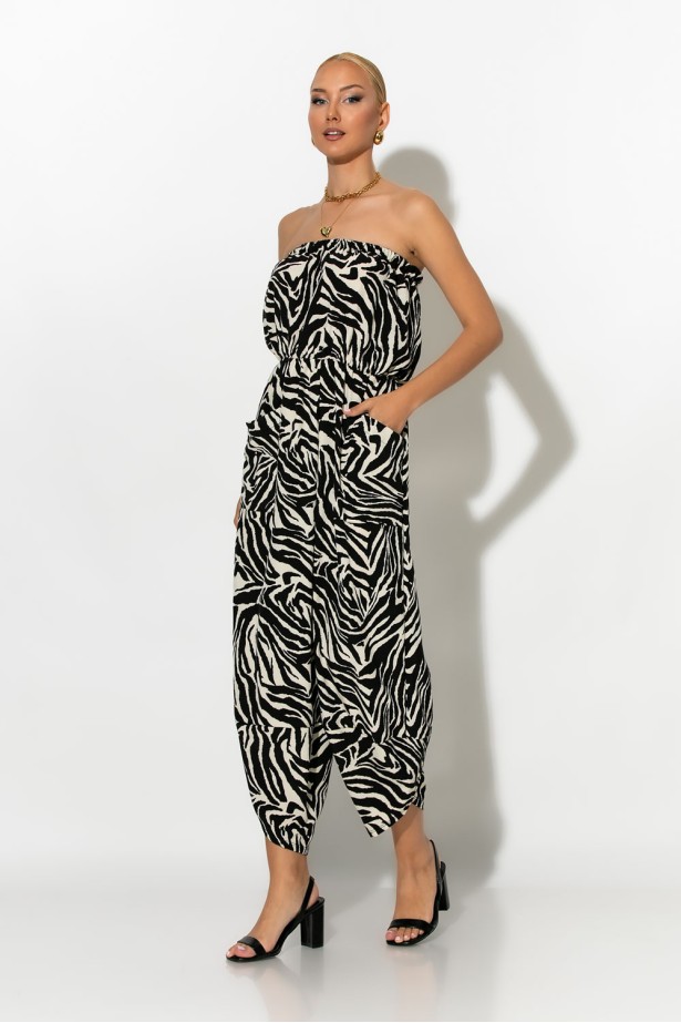 Baggy στράπλες ολόσωμη φόρμα λεοπαρ zebra μαύρο