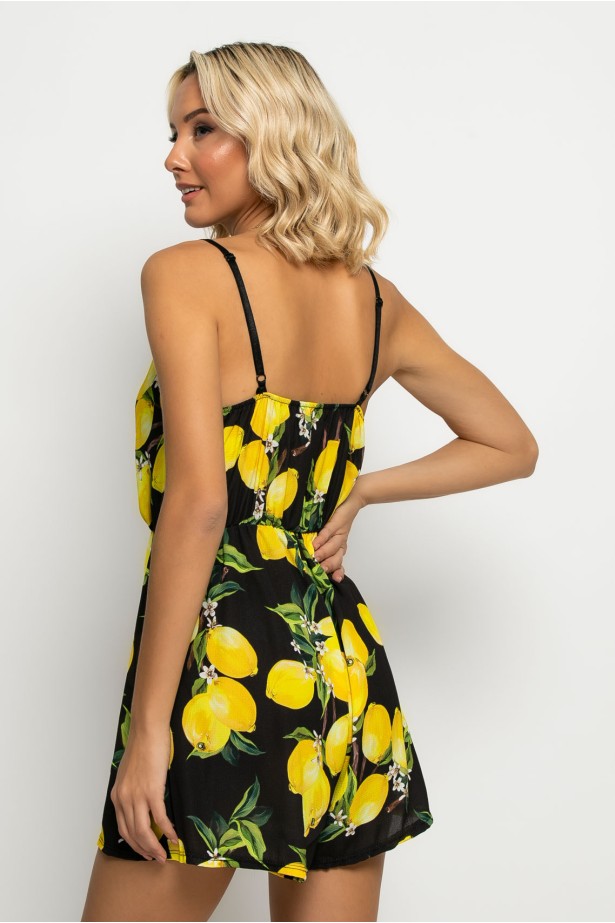 Ολόσωμο σορτς τιραντέ κρουαζέ με lemon print μαύρο Ολόσωμο σορτς τιραντέ κρουαζέ με lemon print μαύρο