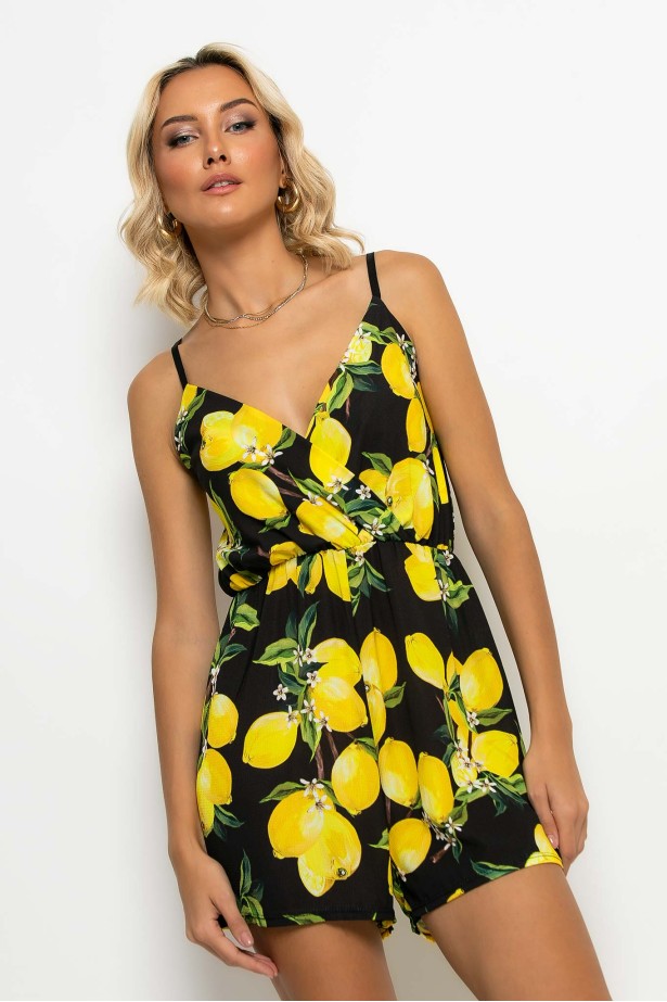Ολόσωμο σορτς τιραντέ κρουαζέ με lemon print μαύρο Ολόσωμο σορτς τιραντέ κρουαζέ με lemon print μαύρο