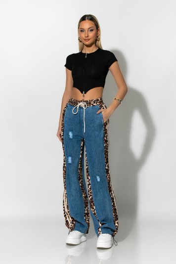Wide leg  jean με leopard λεπτομέρειες μπλε σκούρο
