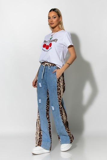 Wide leg  jean με leopard λεπτομέρειες μπλε σκούρο