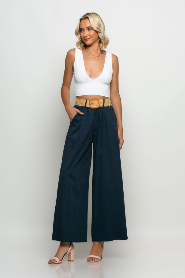Cropped παντελόνα με ζώνη μπλε navy Cropped παντελόνα με ζώνη μπλε navy