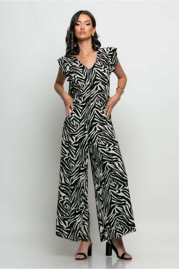 Ολόσωμη φόρμα με βολάν στα μανίκια animal print zebra μαύρο Ολόσωμη φόρμα με βολάν στα μανίκια animal print zebra μαύρο