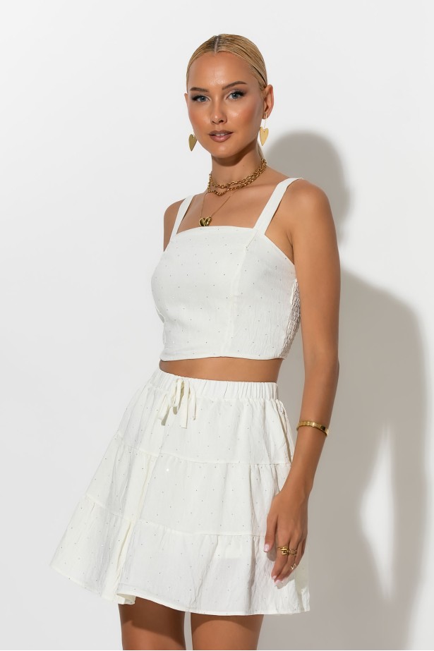 Σετ τύπου λινό crop top και φούστα - σορτς με στρας λευκό Σετ τύπου λινό crop top και φούστα - σορτς με στρας λευκό