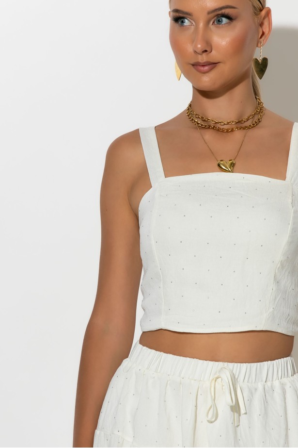 Σετ τύπου λινό crop top και φούστα - σορτς με στρας λευκό Σετ τύπου λινό crop top και φούστα - σορτς με στρας λευκό