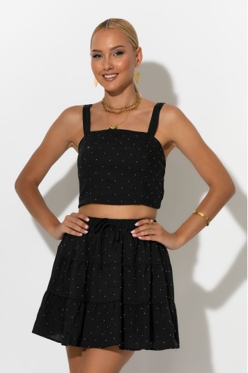 Σετ τύπου λινό crop top και φούστα - σορτς με στρας μαύρο