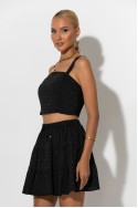 Σετ τύπου λινό crop top και φούστα - σορτς με στρας μαύρο