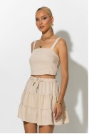 Σετ τύπου λινό crop top και φούστα - σορτς με στρας μπεζ Σετ τύπου λινό crop top και φούστα - σορτς με στρας μπεζ