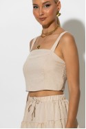 Σετ τύπου λινό crop top και φούστα - σορτς με στρας μπεζ Σετ τύπου λινό crop top και φούστα - σορτς με στρας μπεζ